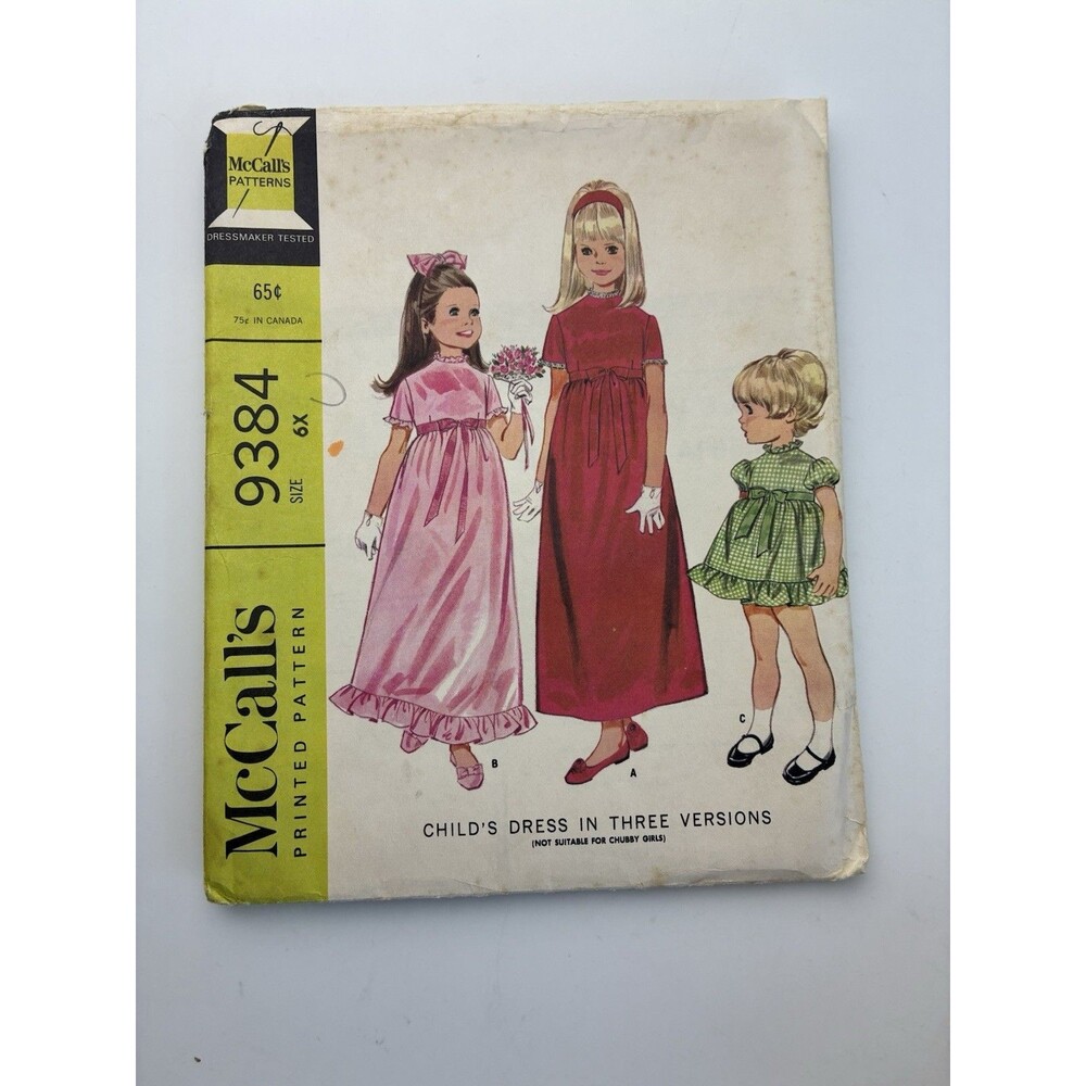 Dress Empire Waist Uncut Pattern 9384 Girls Size 6x Vtg 60s Puff Sleeve Ruffle
